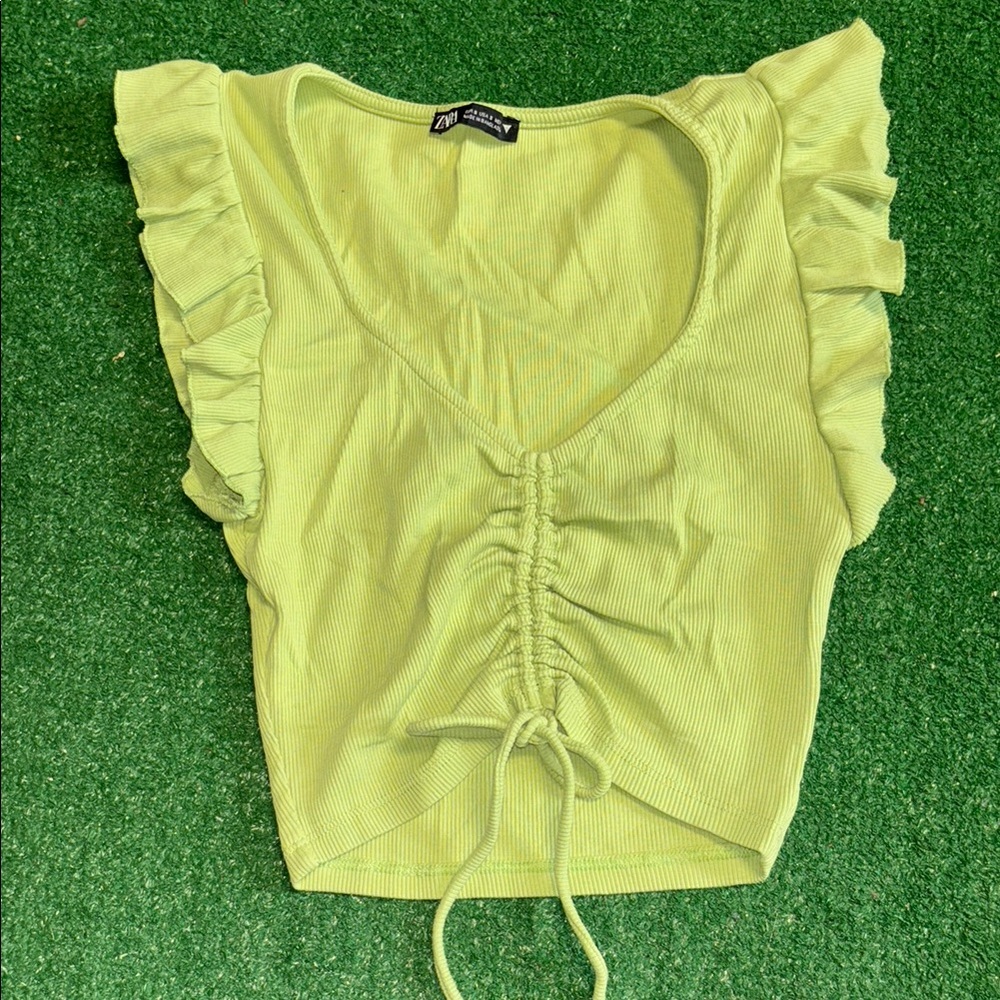 Zara Green Flutter Sleeve Crop top women’s blouse shirt